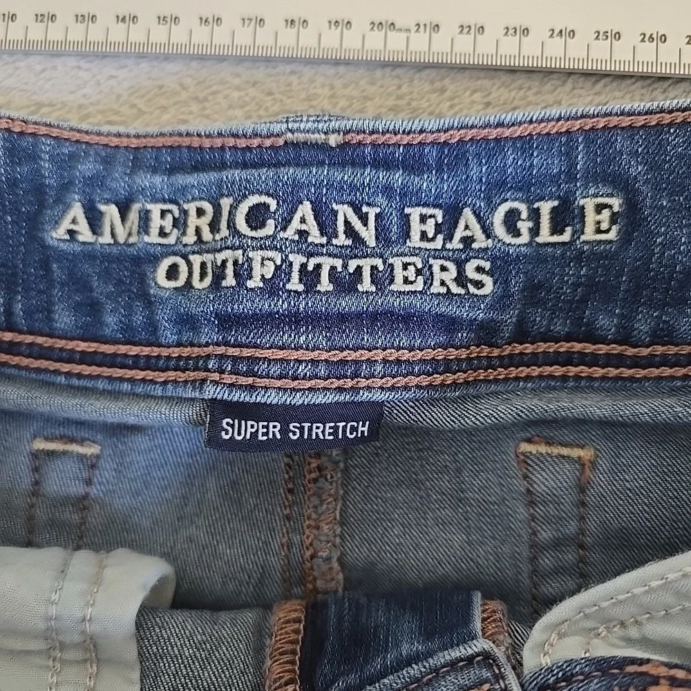 American Eagle Jeans Womens 8 Blue Kick Boot Long Dark Wash Super Stretch Flare - Picture 4 of 10